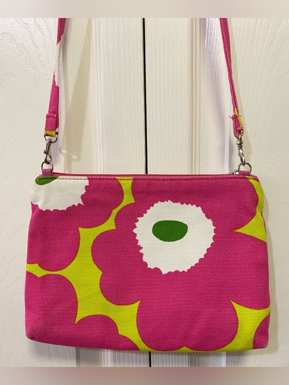 Marimekko Pink Green Yellow Unikko Canvas Crossbody Bag - Picture 4 of 7